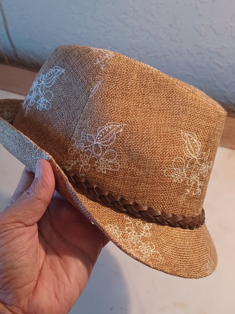 Toffee Apple Womens Brown Embroidered Fedora Trilby Hat Floral Leather Band 22"